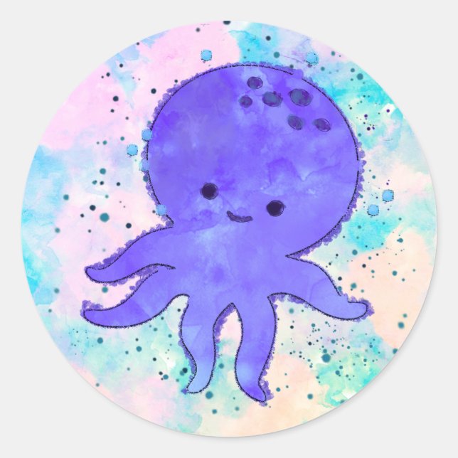 Niedlicher Blauer Oktopus Cartoon Wasserfarbe Runder Aufkleber (Vorderseite)
