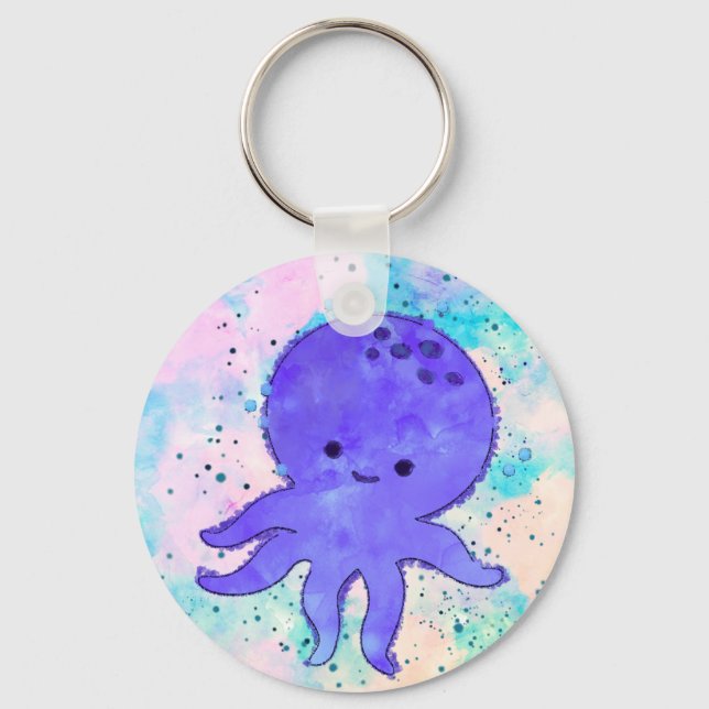 Niedlicher Blauer Oktopus Cartoon Wasserfarbe Schlüsselanhänger (Vorderseite)