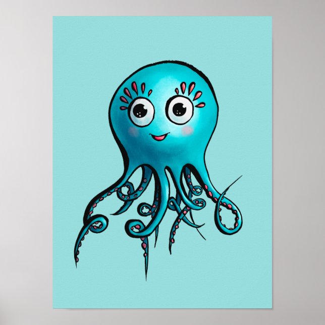 Niedlicher Blauer Oktopus - Kawaii Cartoon Sea Ani Poster (Vorne)