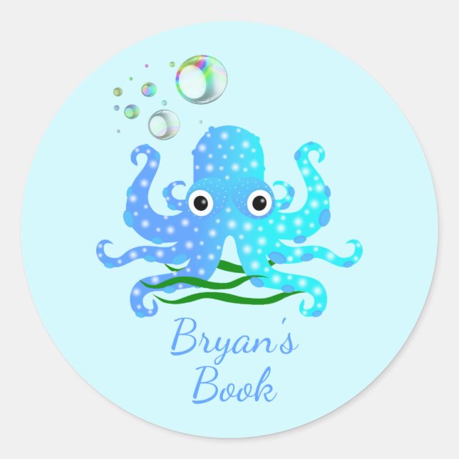 Niedlicher Blauer Oktopus mit Bläschen Wasserkochp Runder Aufkleber (Vorderseite)