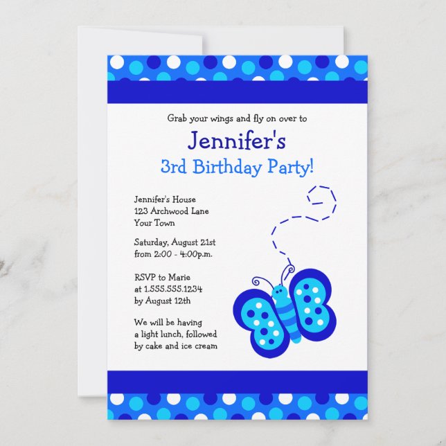 Niedlicher Blauer Schmetterling mit Polka Dots Geb Einladung (Vorderseite)