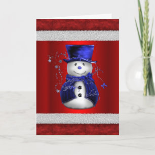 Niedlicher blauer Schneemann auf rotem Weihnachten Karte