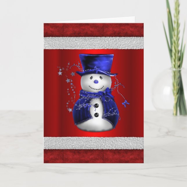 Niedlicher Blauer Schneemann zu Roten Weihnachten Karte (Vorderseite)