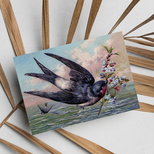 Niedlicher Blauer Schwalbenvogel und Hübsche Blume Postkarte (Cute Blue Red Swallow Bird And Pretty Flowers Postcard)