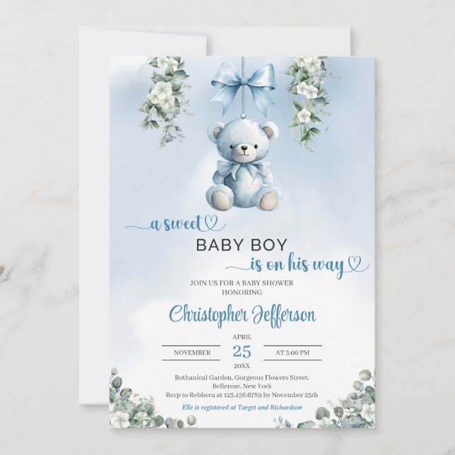 Niedlicher blauer Teddybär Eukalyptus Baby Dusche Einladung (Vorderseite)