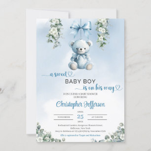 Niedlicher blauer Teddybär Eukalyptus Baby Dusche Einladung