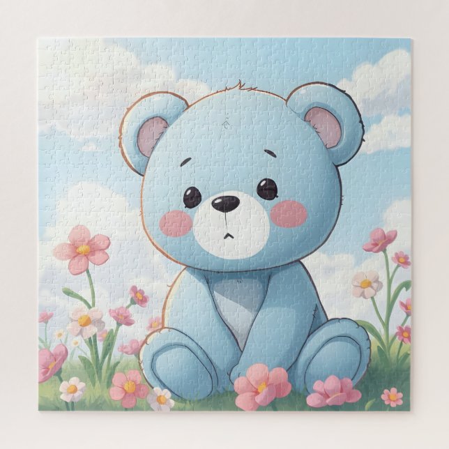Niedlicher blauer Teddybär im Garten (Vertikal)