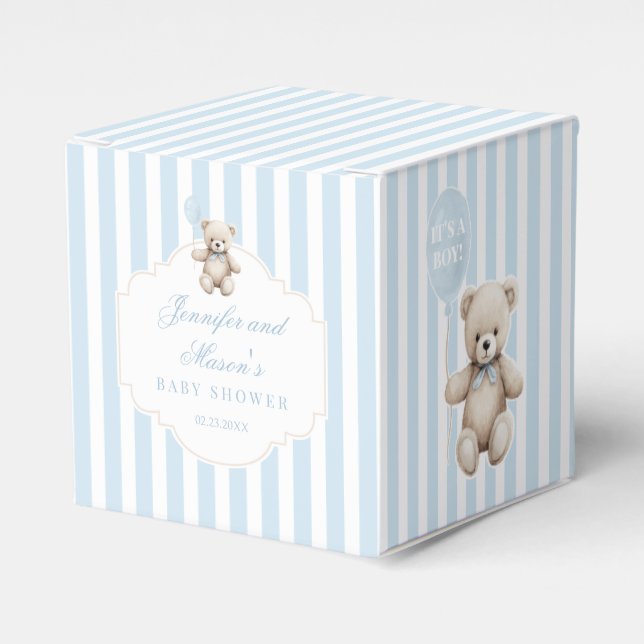 Niedlicher blauer Teddybär mit Ballon Babydusche Geschenkschachtel (Vorderseite)