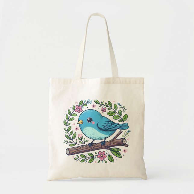 Niedlicher Blauer Vogel auf einem blühenden Zweig Tragetasche (Vorne)