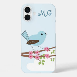 Niedlicher Blauer Vogel in Blossom Tree Monogram iPhone 16 Plus Hülle