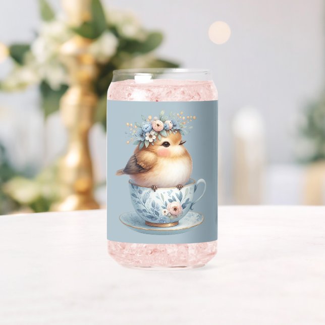 Niedlicher Blauer Vogel mit Blütenkrone im Teacup Dosenglas (Insitu (Hochzeit))