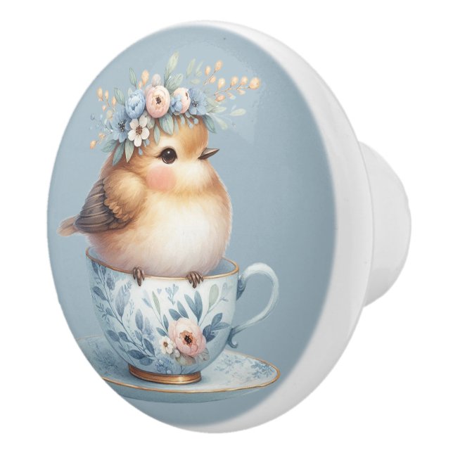 Niedlicher Blauer Vogel mit Blütenkrone im Teacup Keramikknauf (Rechts)