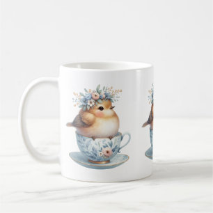 Niedlicher blauer Vogel mit floraler Krone in Teet Kaffeetasse