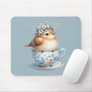 Niedlicher blauer Vogel mit floraler Krone in Teet Mousepad