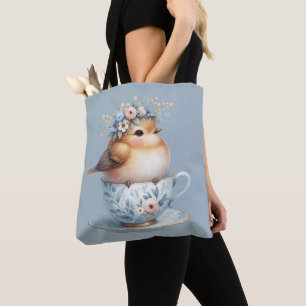 Niedlicher blauer Vogel mit floraler Krone in Teet Tasche