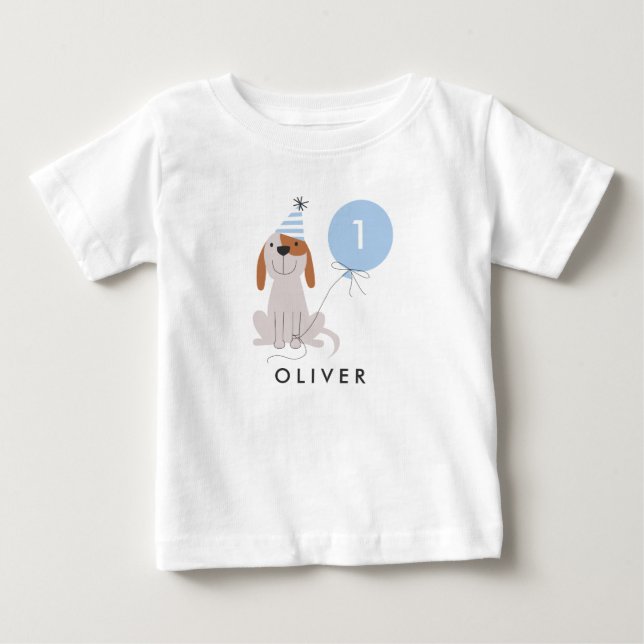 Niedlicher blauer Welpen-Hundealter in Balloon Geb Baby T-shirt (Vorderseite)