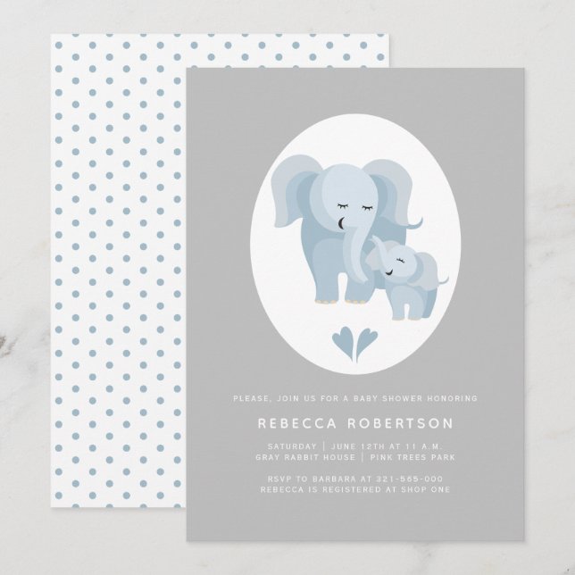Niedlicher blaugrauer Elefant Mutter und Baby Dusc Einladung (Vorne/Hinten)