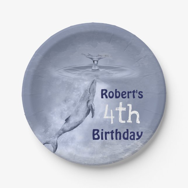 Niedlicher Blauwal 4. Geburtstag Pappteller (Vorderseite)