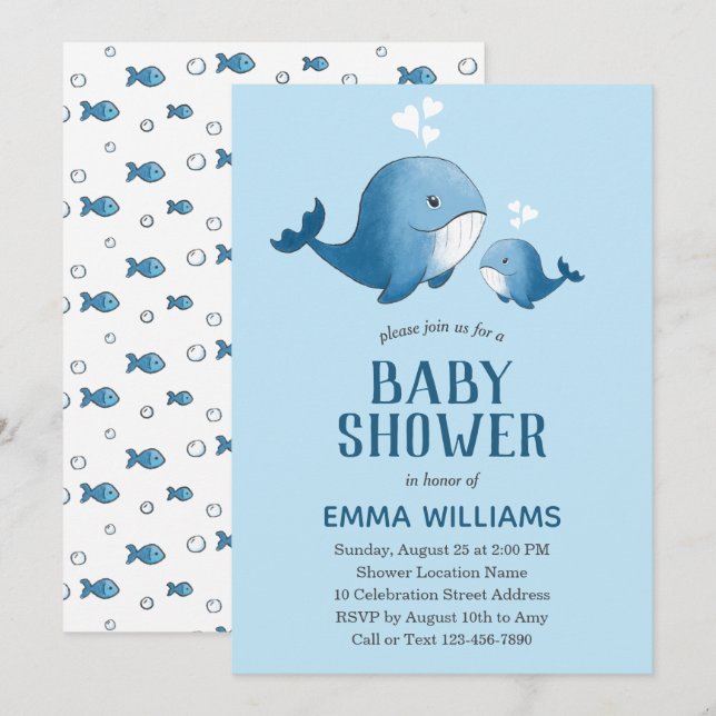 Niedlicher Blauwal | Boy Baby Dusche Einladung (Vorne/Hinten)
