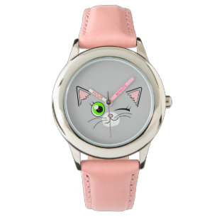 Niedlicher blinzelnder weißer Katzen-Cartoon Armbanduhr