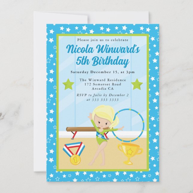 Niedlicher Blonde Hair Gymnast Kindergeburtstag Einladung (Vorderseite)