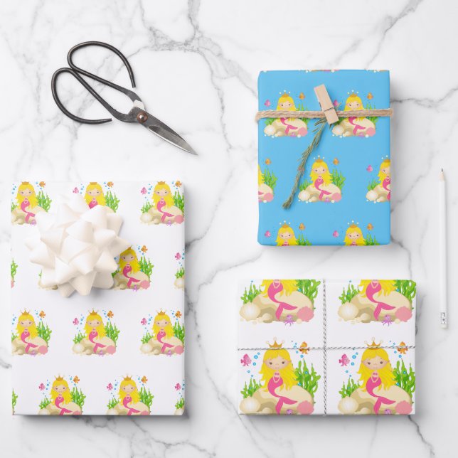 Niedlicher Blonde-Mermaid-Individuelle Name Geschenkpapier Set (Vorderseite)