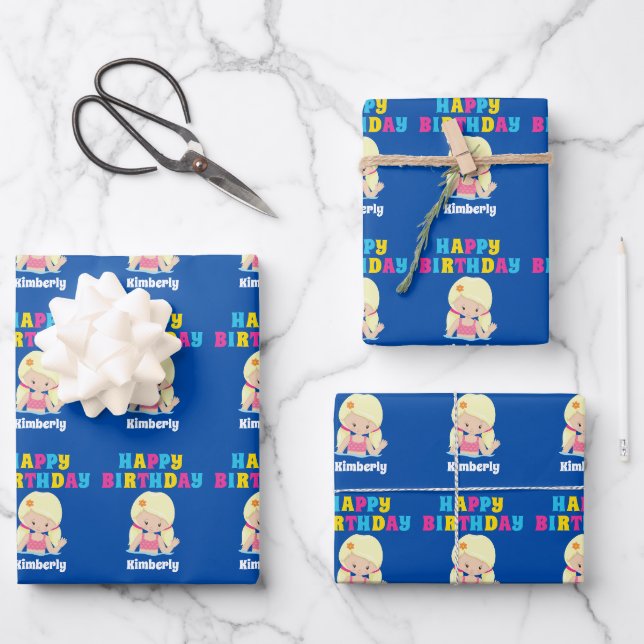 Niedlicher Blonde Swimmer Gewohnter Kindergeburtst Geschenkpapier Set (Vorderseite)
