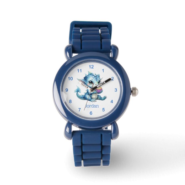 Niedlicher Blue Baby Dragon isst einen Cupcake Armbanduhr (Vorderseite)