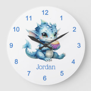 Niedlicher Blue Baby Dragon isst einen Cupcake Große Wanduhr