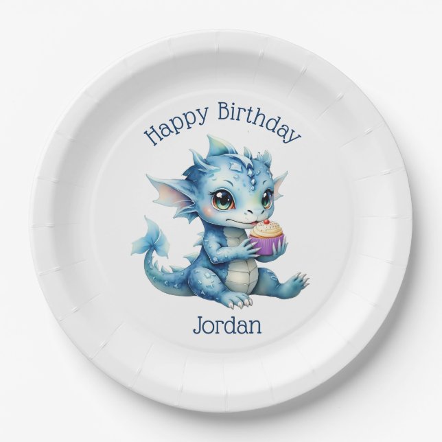 Niedlicher Blue Baby Dragon isst einen Cupcake Pappteller (Vorderseite)