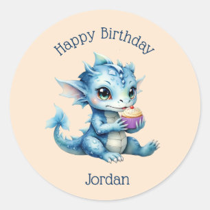 Niedlicher Blue Baby Dragon isst einen Cupcake Runder Aufkleber