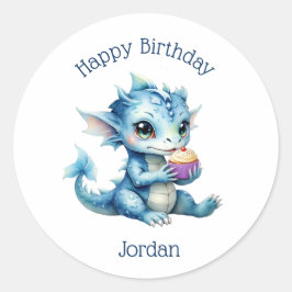 Niedlicher Blue Baby Dragon isst einen Cupcake Runder Aufkleber