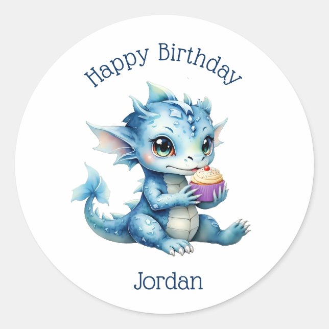 Niedlicher Blue Baby Dragon isst einen Cupcake Runder Aufkleber (Vorderseite)