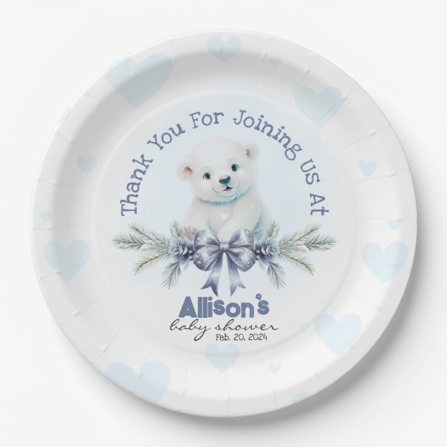 Niedlicher Blue Boy Bear Cub Herz Winter Baby Dusc Pappteller (Vorderseite)