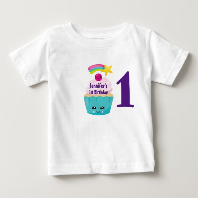 Niedlicher Blue Cupcake mit Kawaii Face 1. Geburts Baby T-shirt (Vorderseite)
