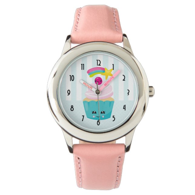 Niedlicher Blue Cupcake mit Kawaii Face Armbanduhr (Vorderseite)