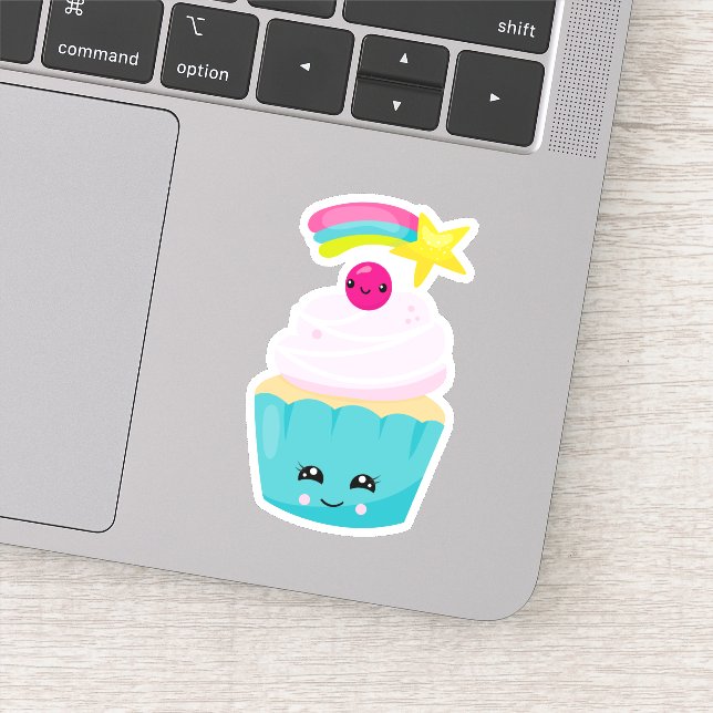 Niedlicher Blue Cupcake mit Kawaii Face Aufkleber (Detail)