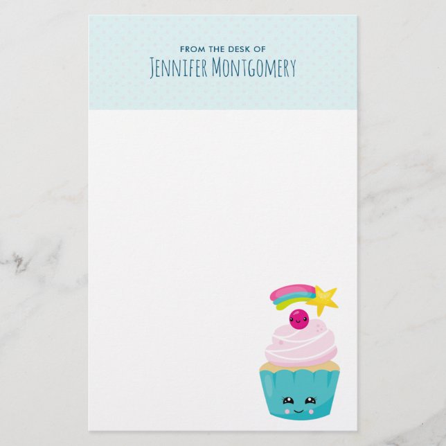 Niedlicher Blue Cupcake mit Kawaii Face Briefpapier (Vorderseite)