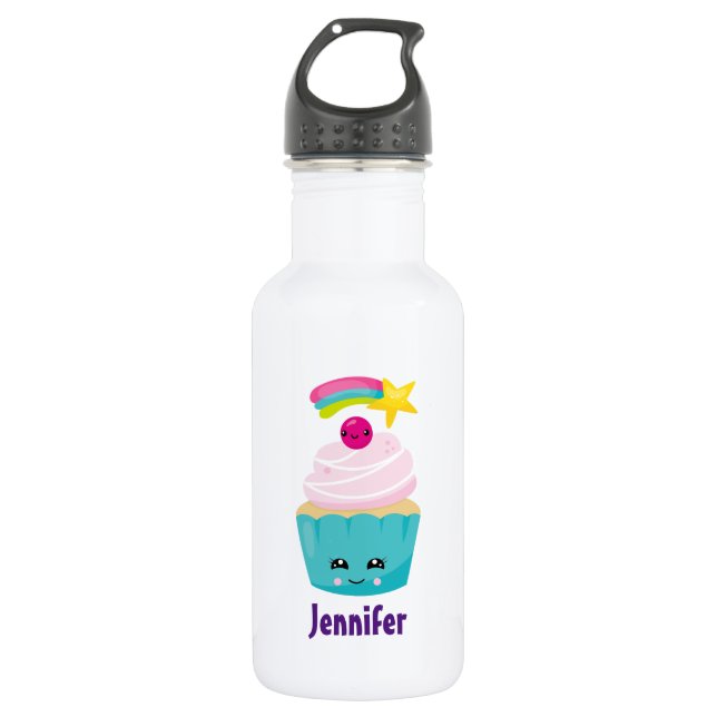 Niedlicher Blue Cupcake mit Kawaii Face Edelstahlflasche (Vorderseite)