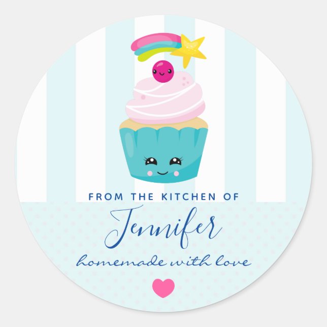 Niedlicher Blue Cupcake mit Kawaii Face Kitchen Runder Aufkleber (Vorderseite)