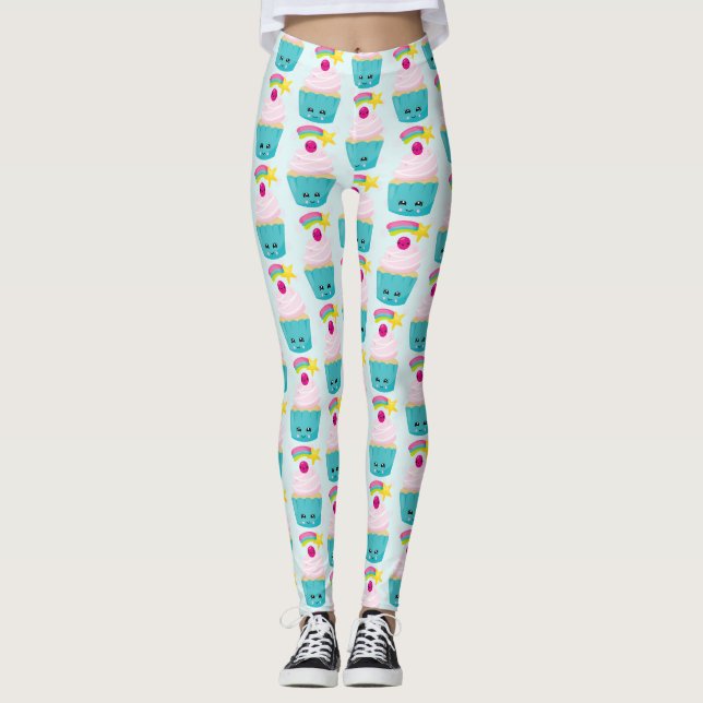 Niedlicher Blue Cupcake mit Kawaii Face Leggings (Vorderseite)