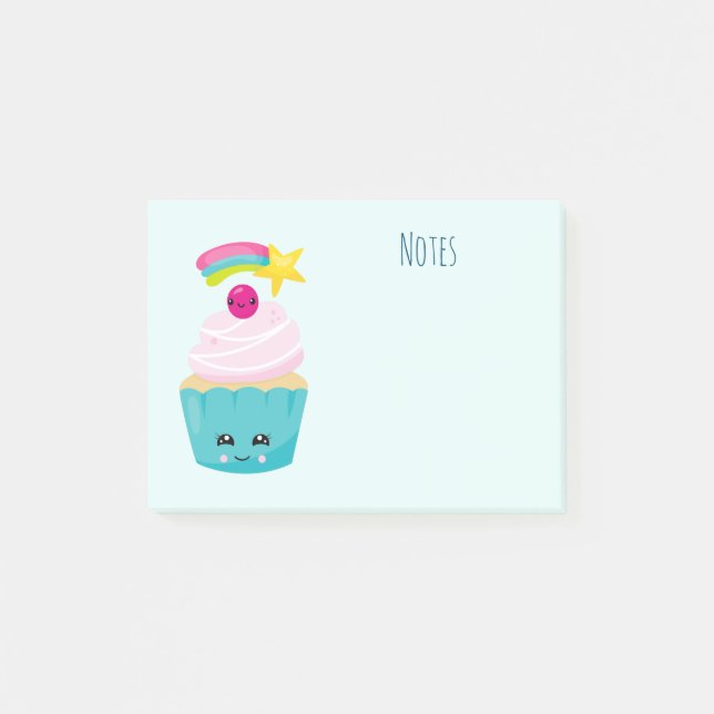 Niedlicher Blue Cupcake mit Kawaii Face Post-it Klebezettel (Vorderseite)