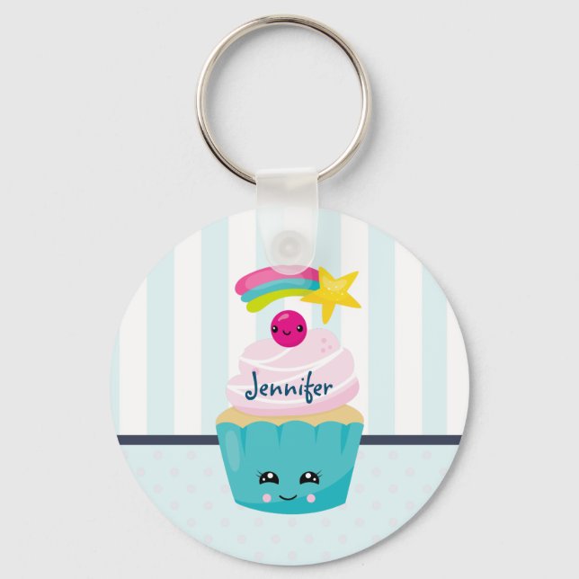 Niedlicher Blue Cupcake mit Kawaii Face Schlüsselanhänger (Vorderseite)