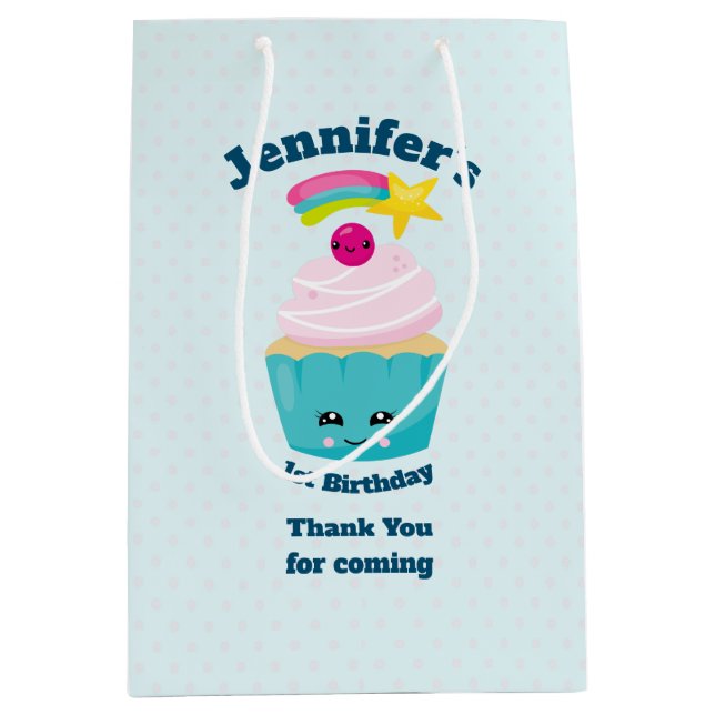 Niedlicher Blue Cupcake mit Kawaii Face Vielen Dan Mittlere Geschenktüte (Vorderseite)