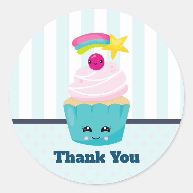 Niedlicher Blue Cupcake mit Kawaii Face Vielen Dan Runder Aufkleber (Vorderseite)