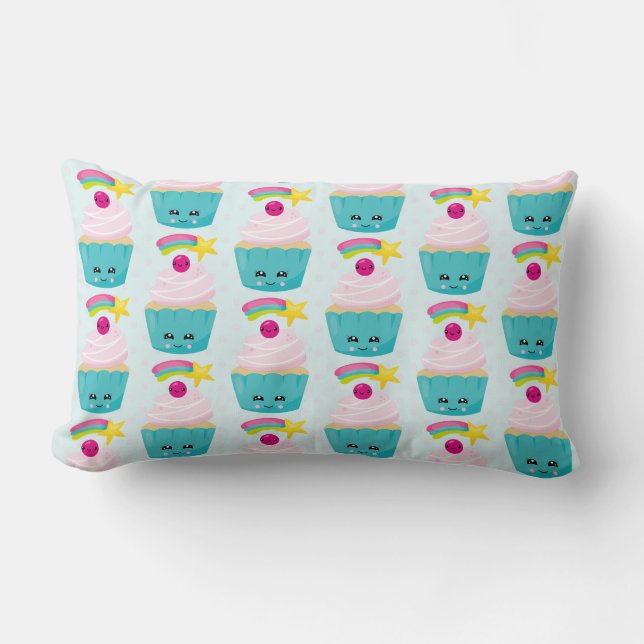 Niedlicher Blue Cupcake mit Kawaii Gesichtsmuster Lendenkissen (Vorderseite)