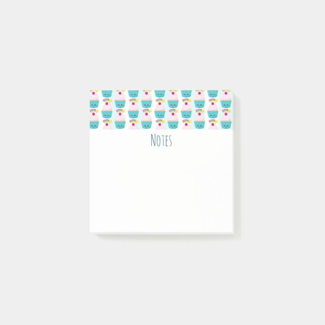 Niedlicher Blue Cupcake mit Kawaii Gesichtsmuster Post-it Klebezettel (Vorderseite)