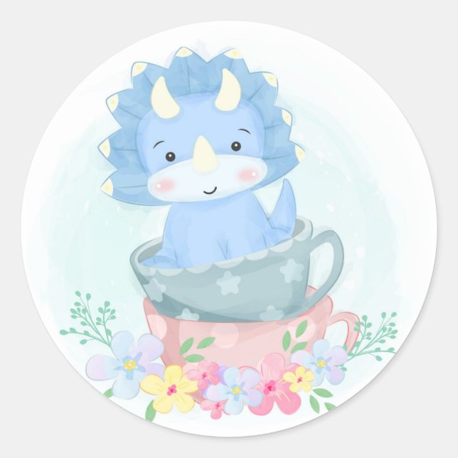 Niedlicher Blue Dinosaurier Inside Teacups Runder Aufkleber (Vorderseite)
