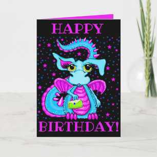 Niedlicher Blue Dragon Cartoon Personalisiert Gebu Karte