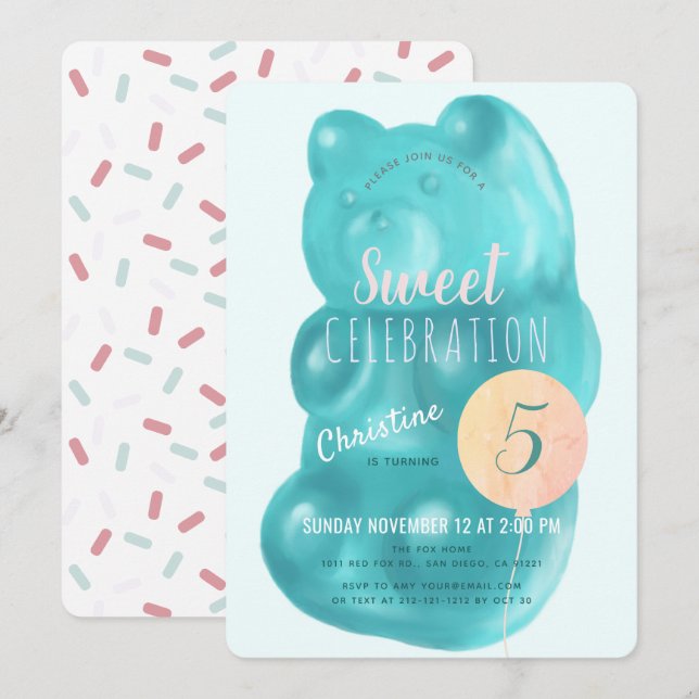 Niedlicher Blue Gummy Bär Sweet Candy Birthday Einladung (Vorne/Hinten)